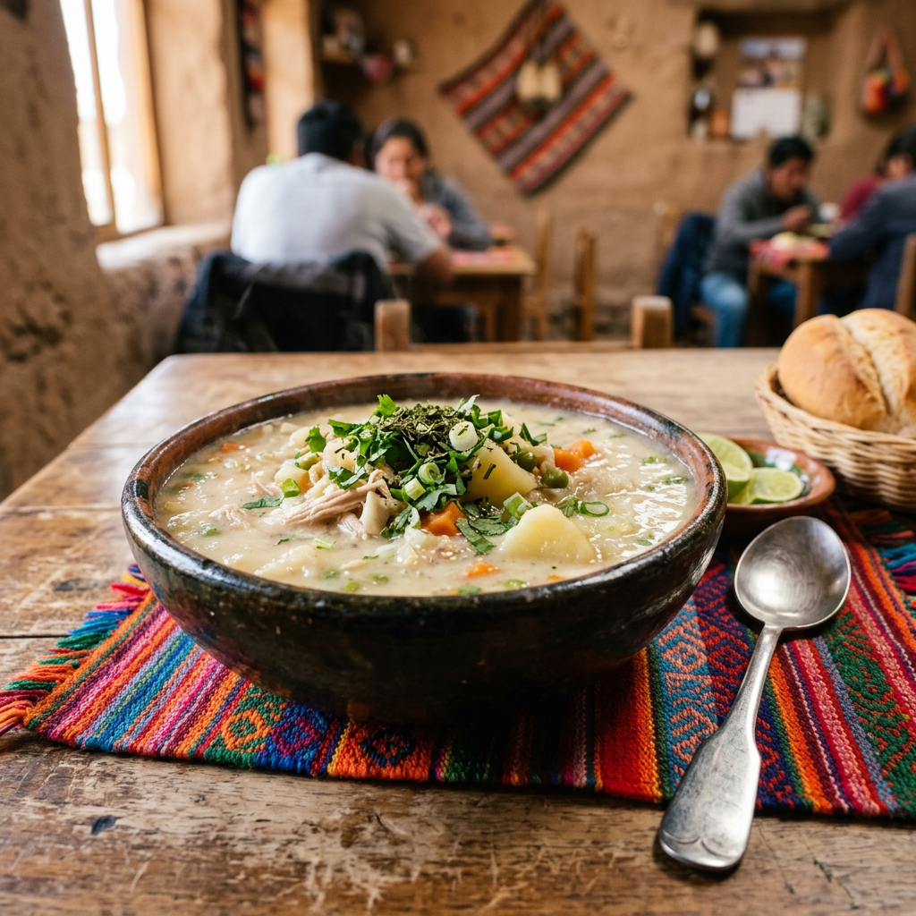 Imagen actual: Bowl of chunky soup with potatoes, carrots, herbs, and chicken in rustic setting