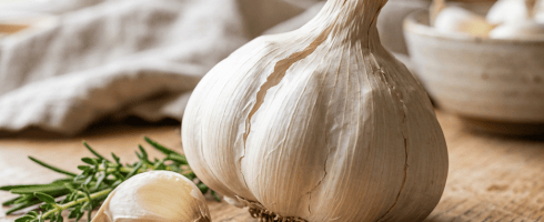 Whole garlic bulb and single garlic clove on wooden board with herbs and salt