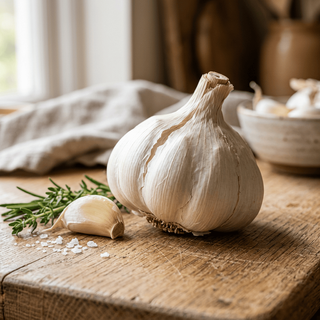 Imagen actual: Whole garlic bulb and single garlic clove on wooden board with herbs and salt