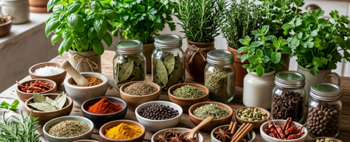 Fresh potted herbs and multiple bowls and jars of spices arranged on a wooden table