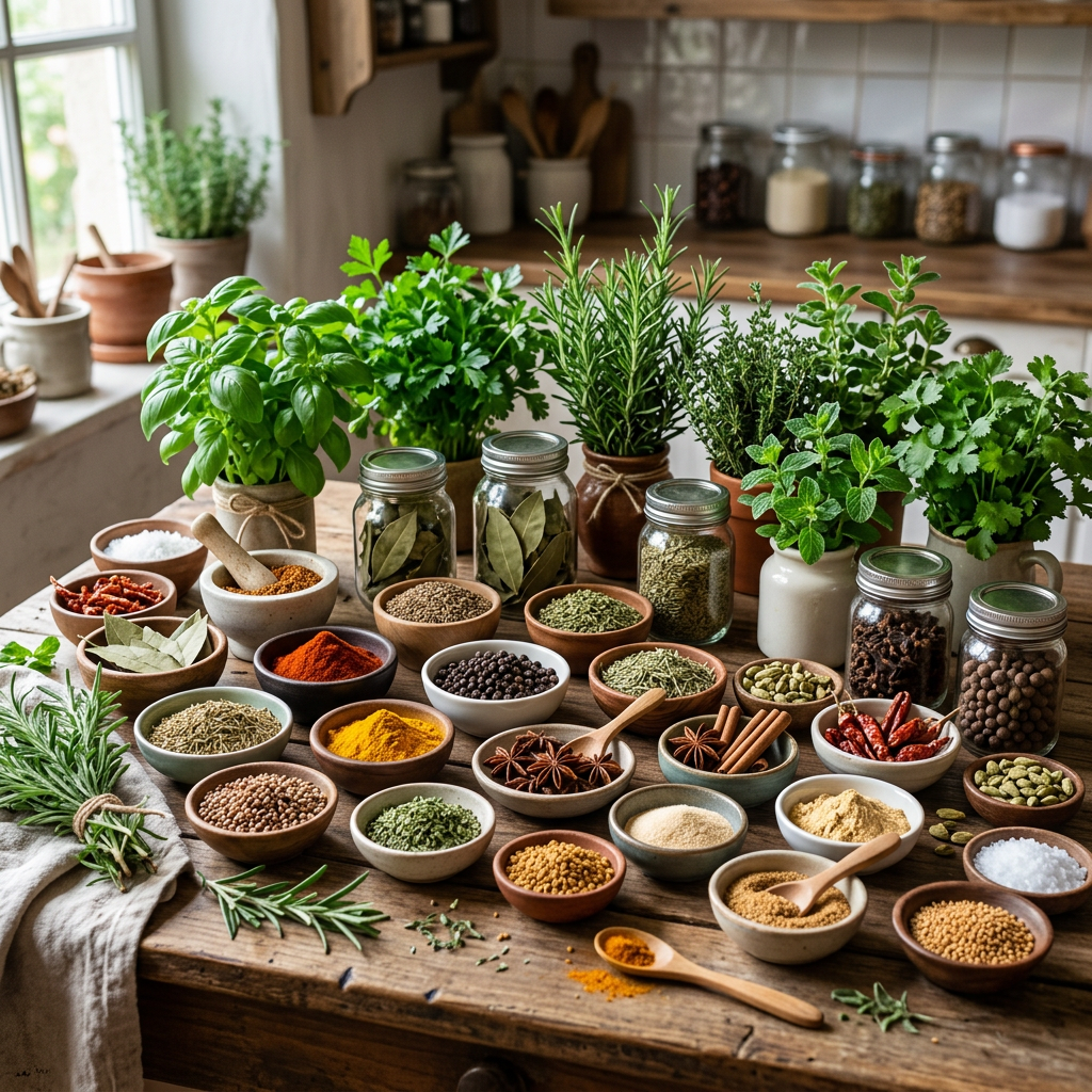 Imagen actual: Fresh potted herbs and multiple bowls and jars of spices arranged on a wooden table