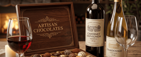 Open wooden box of artisan chocolates beside red and white wine bottles with glasses