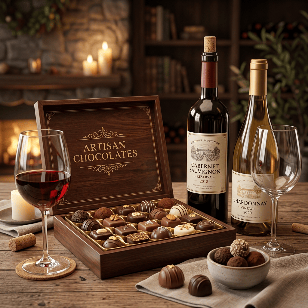 Imagen actual: Open wooden box of artisan chocolates beside red and white wine bottles with glasses