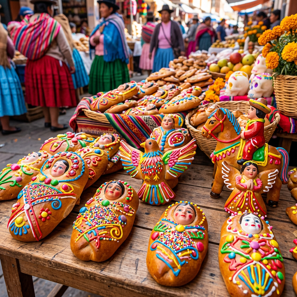 Imagen actual: Colorful decorated bread shaped like dolls, birds, and horses displayed on a wooden table