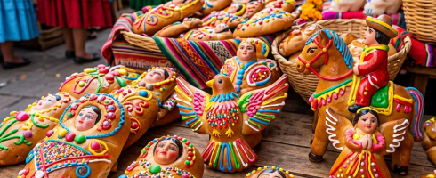 Colorful decorated bread shaped like dolls, birds, and horses displayed on a wooden table