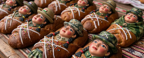Bread loaves decorated with painted faces and colorful sprinkles laid out on a table