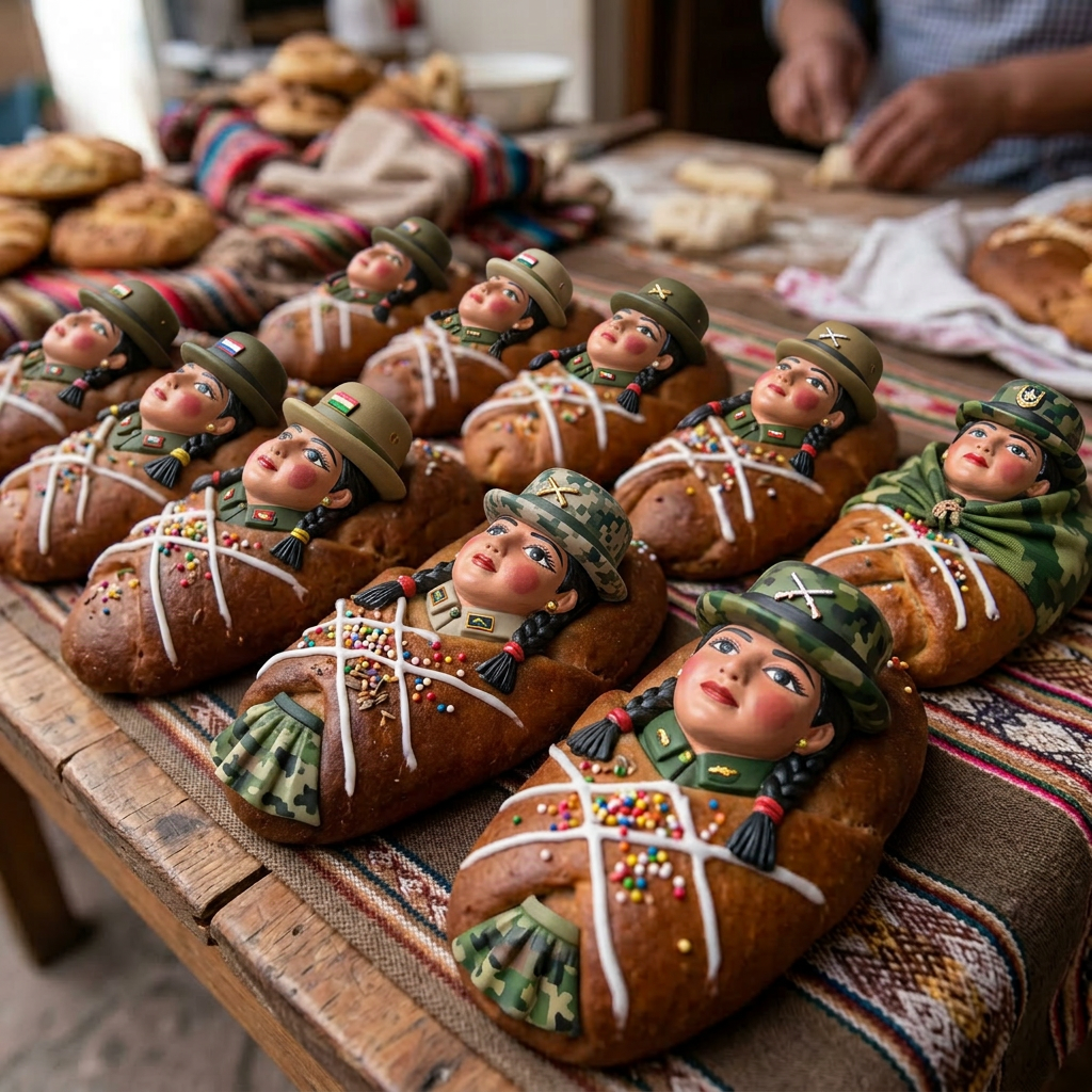 Imagen actual: Bread loaves decorated with painted faces and colorful sprinkles laid out on a table