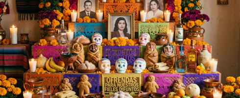 Día de los Muertos altar decorated with marigold flowers, candles, photos, papel picado, and traditional offerings