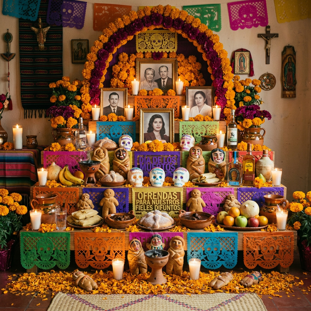 Imagen actual: Día de los Muertos altar decorated with marigold flowers, candles, photos, papel picado, and traditional offerings