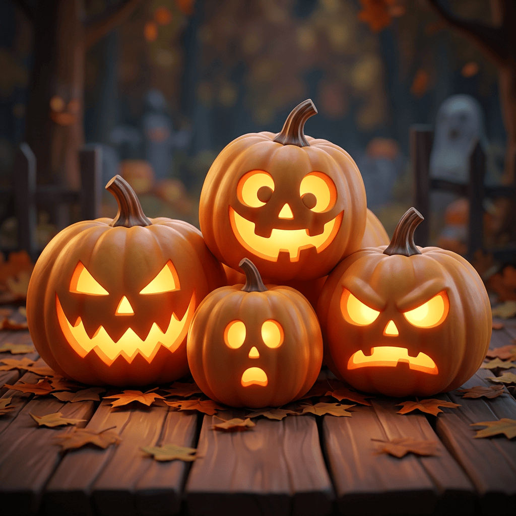 Imagen actual: Four carved pumpkins with glowing faces showing different emotions on a wooden surface with autumn leaves