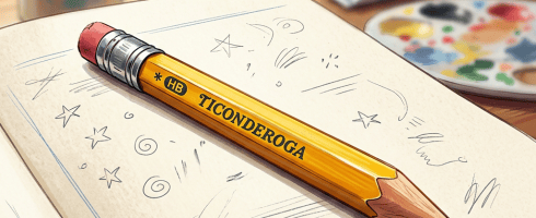 Yellow Ticonderoga HB pencil on sketchbook with doodles and art supplies in background