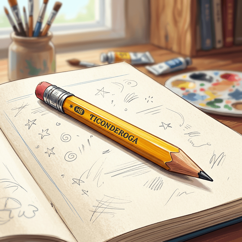 Imagen actual: Yellow Ticonderoga HB pencil on sketchbook with doodles and art supplies in background
