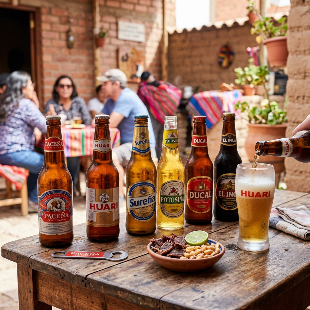 Imagen actual: Six bottles of Bolivian beer varieties lined up on a wooden table with snacks and a glass being filled