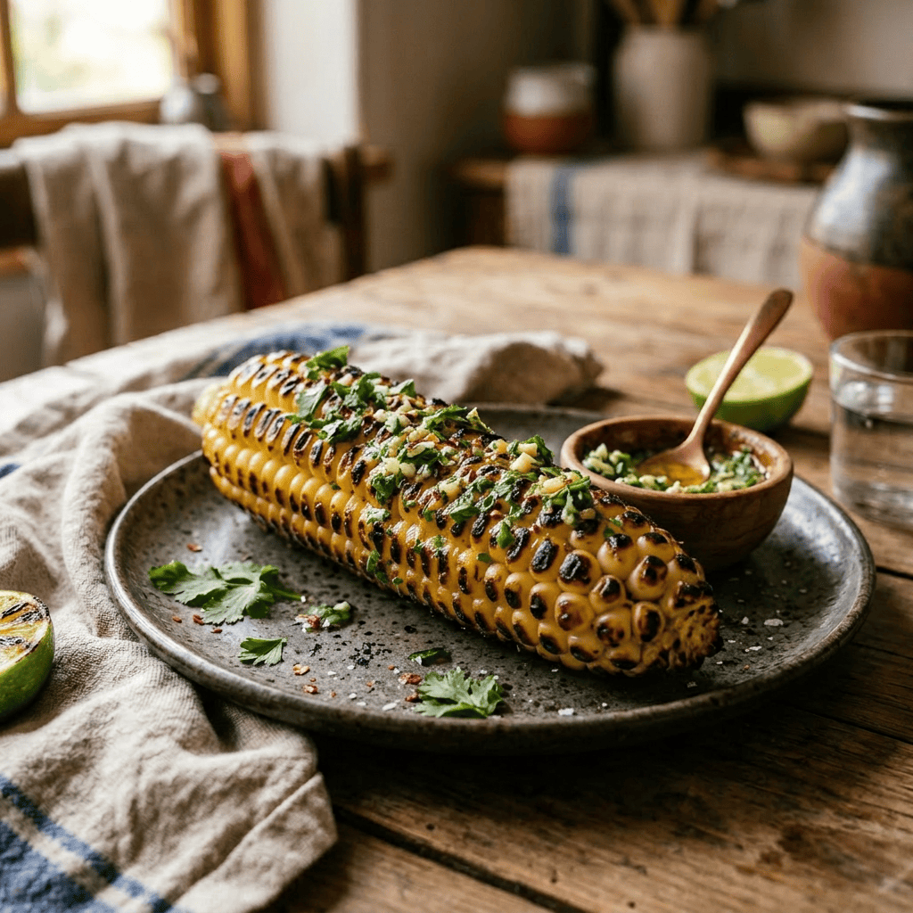 Imagen actual: Grilled corn on the cob with herbs and chili flakes on a plate with a wooden bowl of herb butter and lime halves