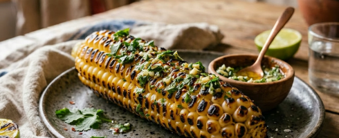 Grilled corn on the cob with herbs and chili flakes on a plate with a wooden bowl of herb butter and lime halves