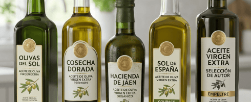 Five bottles of Spanish extra virgin olive oil with different labels and types, 250 ml each