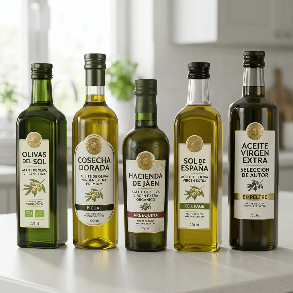 Imagen actual: Five bottles of Spanish extra virgin olive oil with different labels and types, 250 ml each