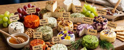 Artisan cheeses with labels including Cabra con Trufa, Pimentón Ahumado, Fine Herbes, Miel y Lavanda, and others, served with grapes, nuts, honey, and a glass of red wine.