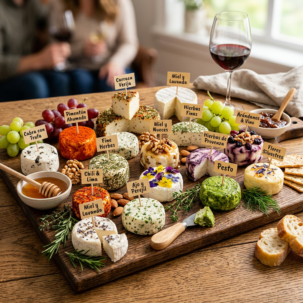 Imagen actual: Artisan cheeses with labels including Cabra con Trufa, Pimentón Ahumado, Fine Herbes, Miel y Lavanda, and others, served with grapes, nuts, honey, and a glass of red wine.
