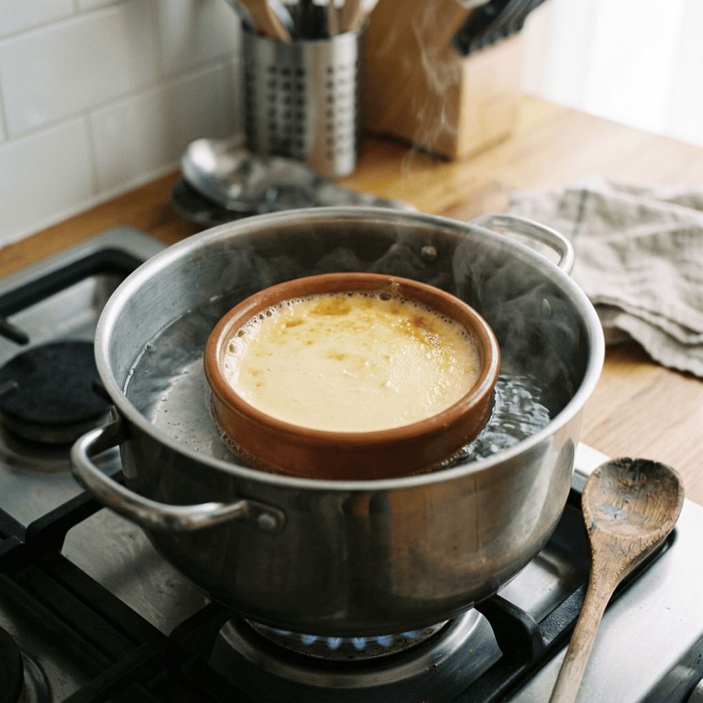 Imagen actual: Ceramic dish with custard steaming in a pot of water on a gas stove burner