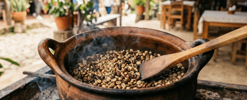 Clay pot roasting coffee beans over an open flame with wooden stirrer