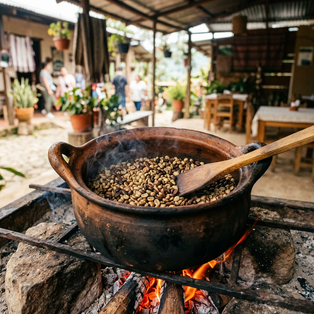 Imagen actual: Clay pot roasting coffee beans over an open flame with wooden stirrer