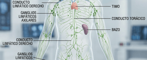Diagram of the human lymphatic system with labeled parts including cervical lymph nodes, tonsils, thymus, spleen, subclavian veins, right lymphatic duct, thoracic duct, axillary lymph nodes, inguinal lymph nodes, and lymphatic vessels.