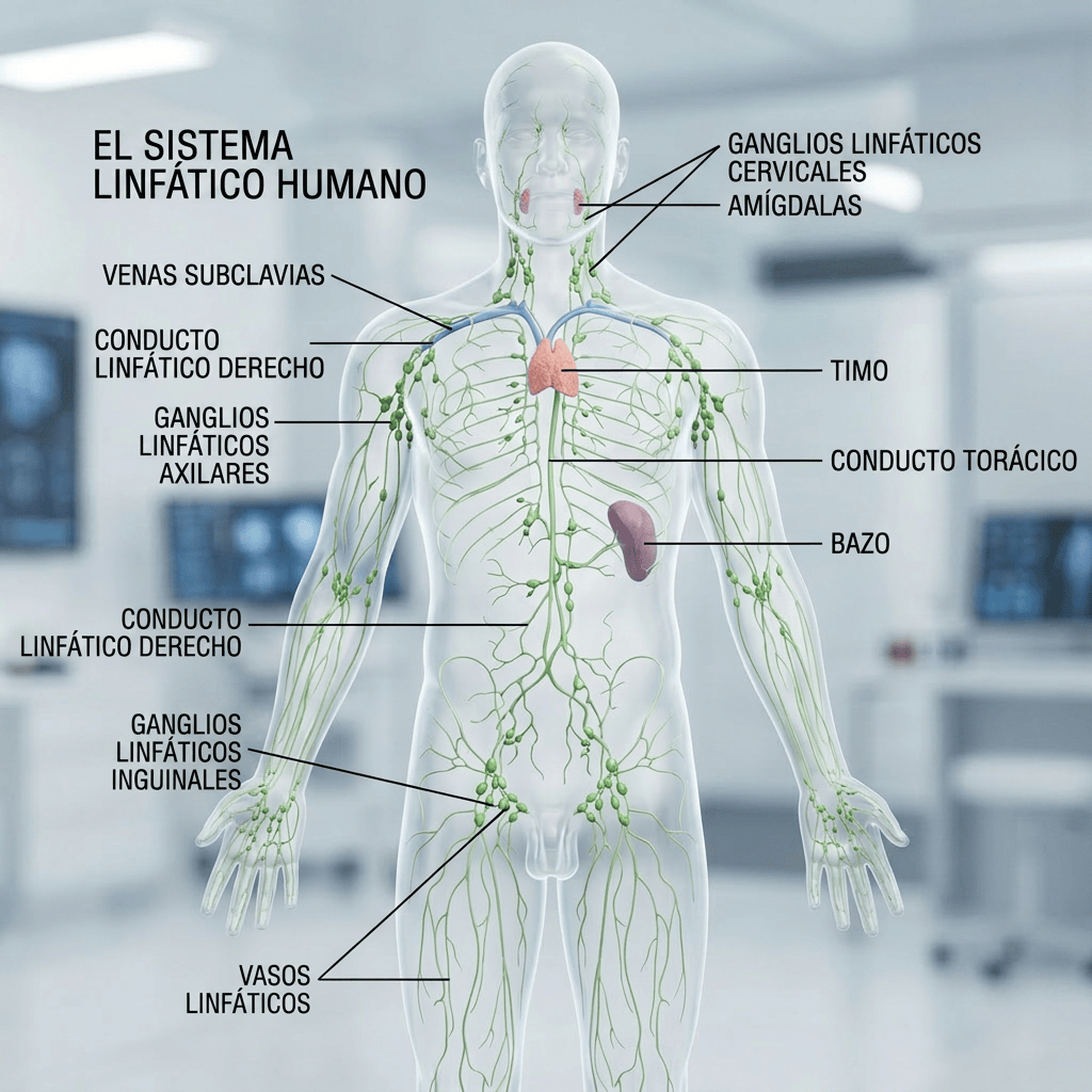 Imagen actual: Diagram of the human lymphatic system with labeled parts including cervical lymph nodes, tonsils, thymus, spleen, subclavian veins, right lymphatic duct, thoracic duct, axillary lymph nodes, inguinal lymph nodes, and lymphatic vessels.
