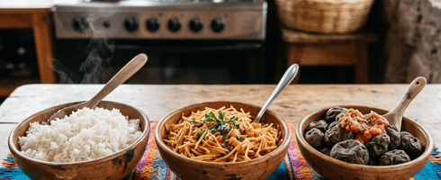 Three wooden bowls with steamed rice, noodle dish, and potatoes with salsa