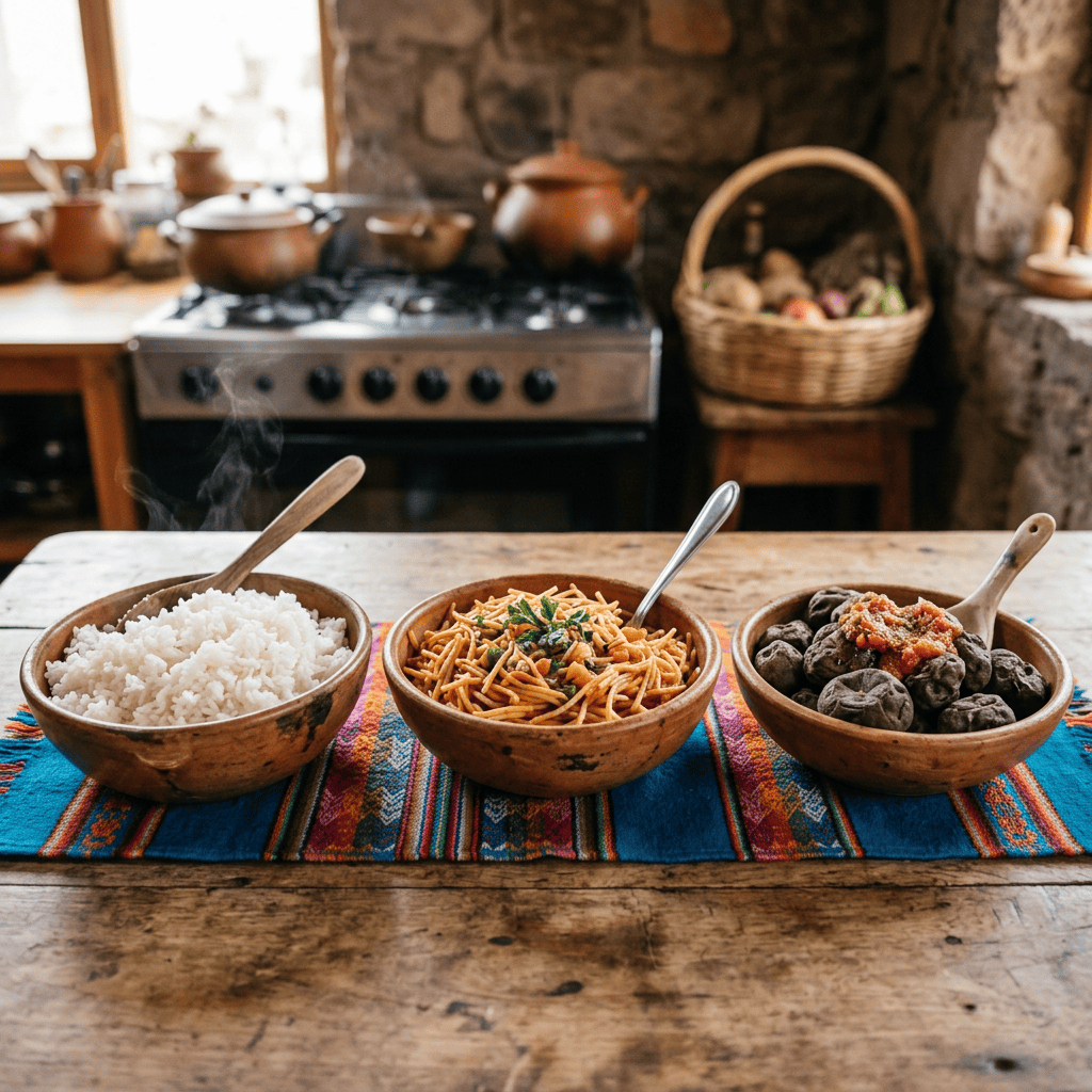Imagen actual: Three wooden bowls with steamed rice, noodle dish, and potatoes with salsa