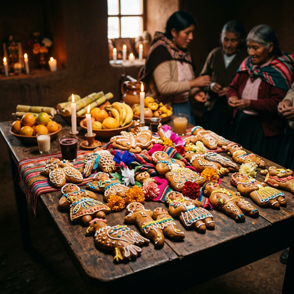Imagen actual: Table with decorated bread figures, fruits, candles, and traditional Day of the Dead offerings