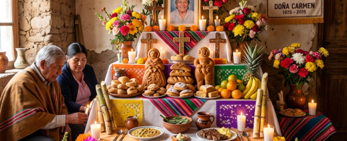 Día de los Muertos altar with photo, candles, flowers, bread, and offerings honoring Doña Carmen