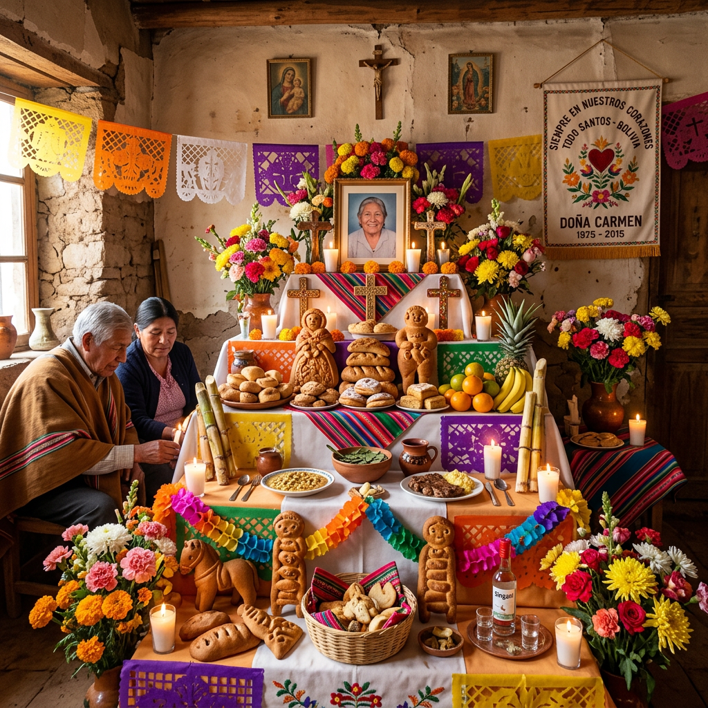 Imagen actual: Día de los Muertos altar with photo, candles, flowers, bread, and offerings honoring Doña Carmen