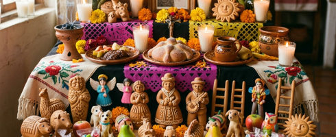 Day of the Dead altar with flowers, sugar skulls, candles, bread, and family photo