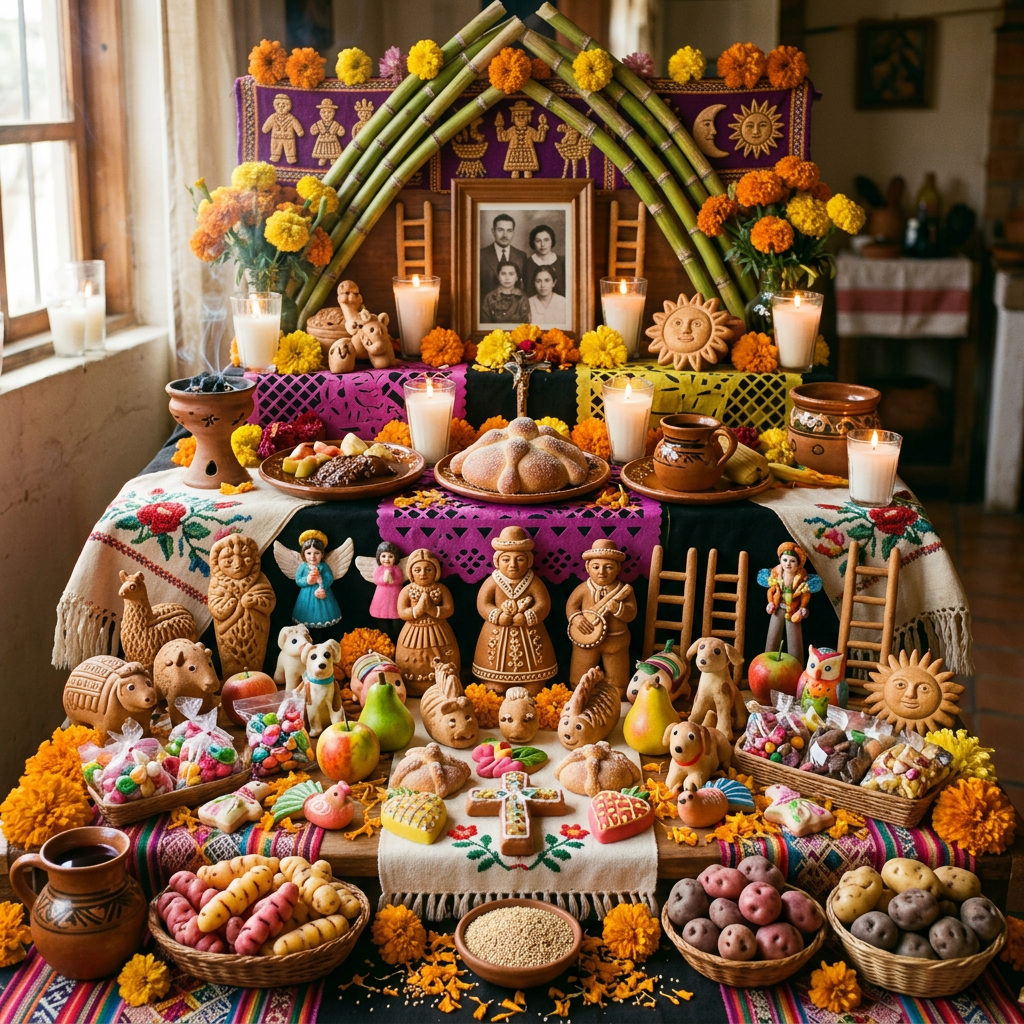 Imagen actual: Day of the Dead altar with flowers, sugar skulls, candles, bread, and family photo