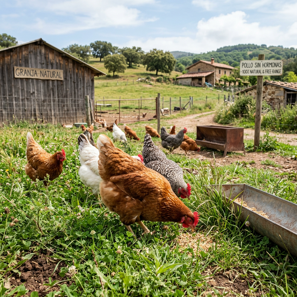 Imagen actual: Chickens feeding outdoors on green grass near farm buildings and signs
