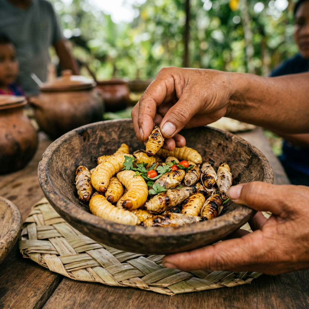 Imagen actual: Grilled edible larvae in a wooden bowl with herbs and chili peppers