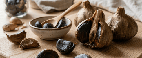 Black garlic cloves and whole bulbs on a wooden cutting board with a small bowl and wooden spoon