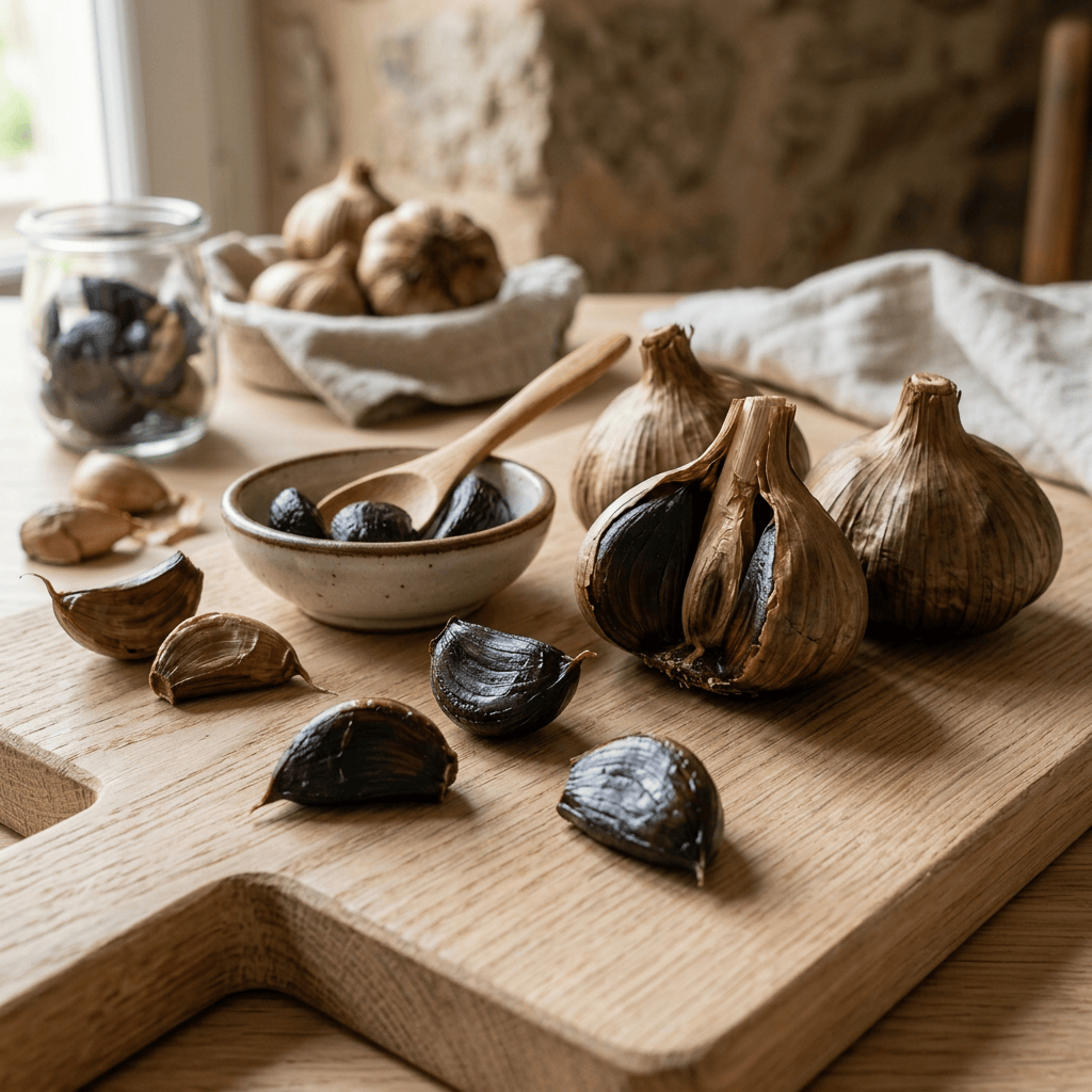 Imagen actual: Black garlic cloves and whole bulbs on a wooden cutting board with a small bowl and wooden spoon