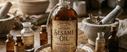 Bottle of artisan toasted sesame oil on plate filled with sesame seeds with wooden spoon and bowl nearby