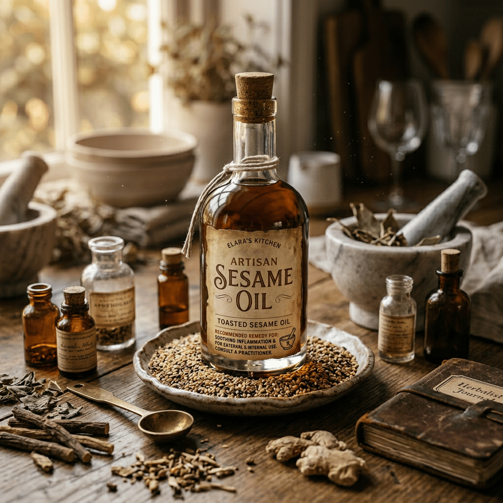 Imagen actual: Bottle of artisan toasted sesame oil on plate filled with sesame seeds with wooden spoon and bowl nearby