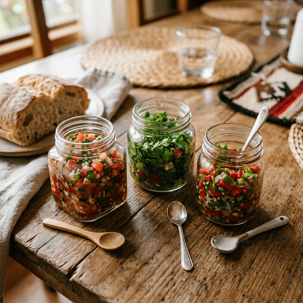 Imagen actual: Bowl of fresh salsa with diced tomatoes, onions, cilantro, and a wooden spoon