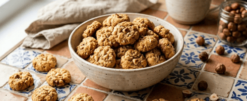 Bowl of hazelnut cookies with scattered hazelnuts and tea cup on wooden table