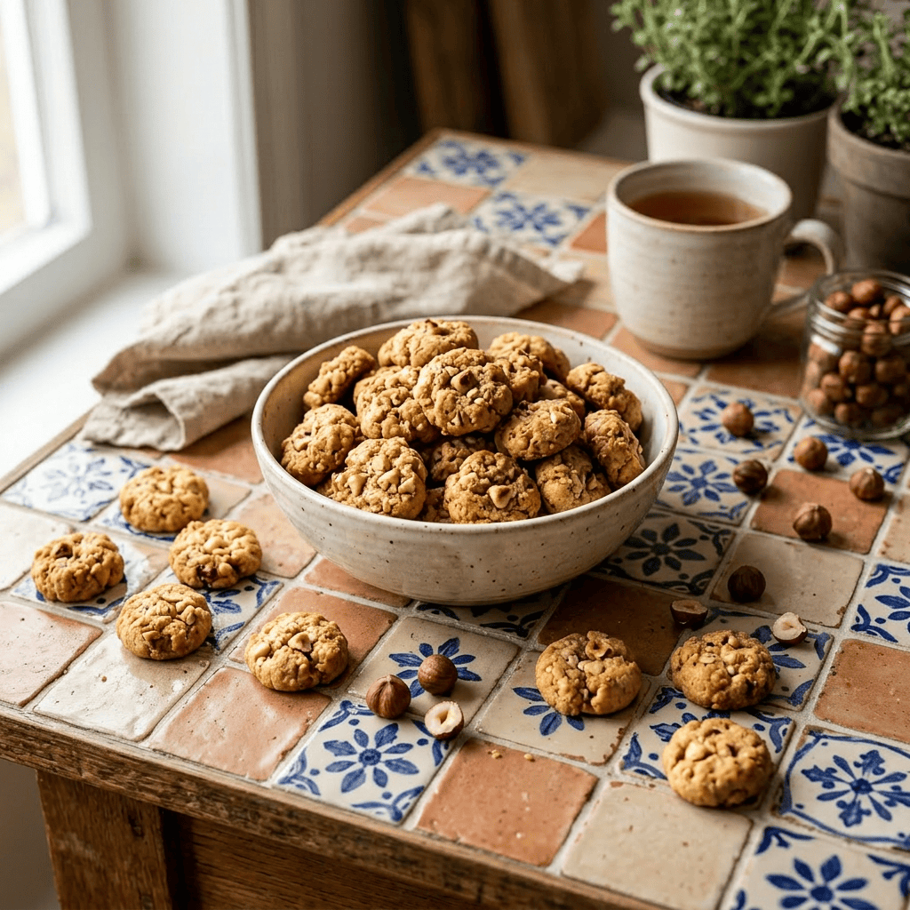 Imagen actual: Bowl of hazelnut cookies with scattered hazelnuts and tea cup on wooden table