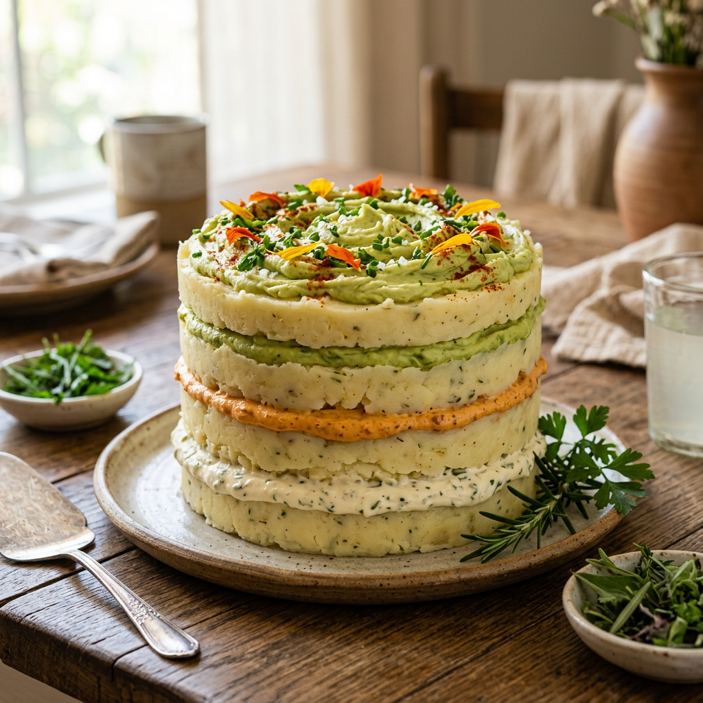 Imagen actual: Layered savory mashed potato cake with green, orange, and white layers topped with herbs and edible flowers on a plate