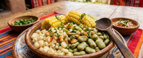 Plate with corn, beans, and vegetables on a rustic table with colorful textile