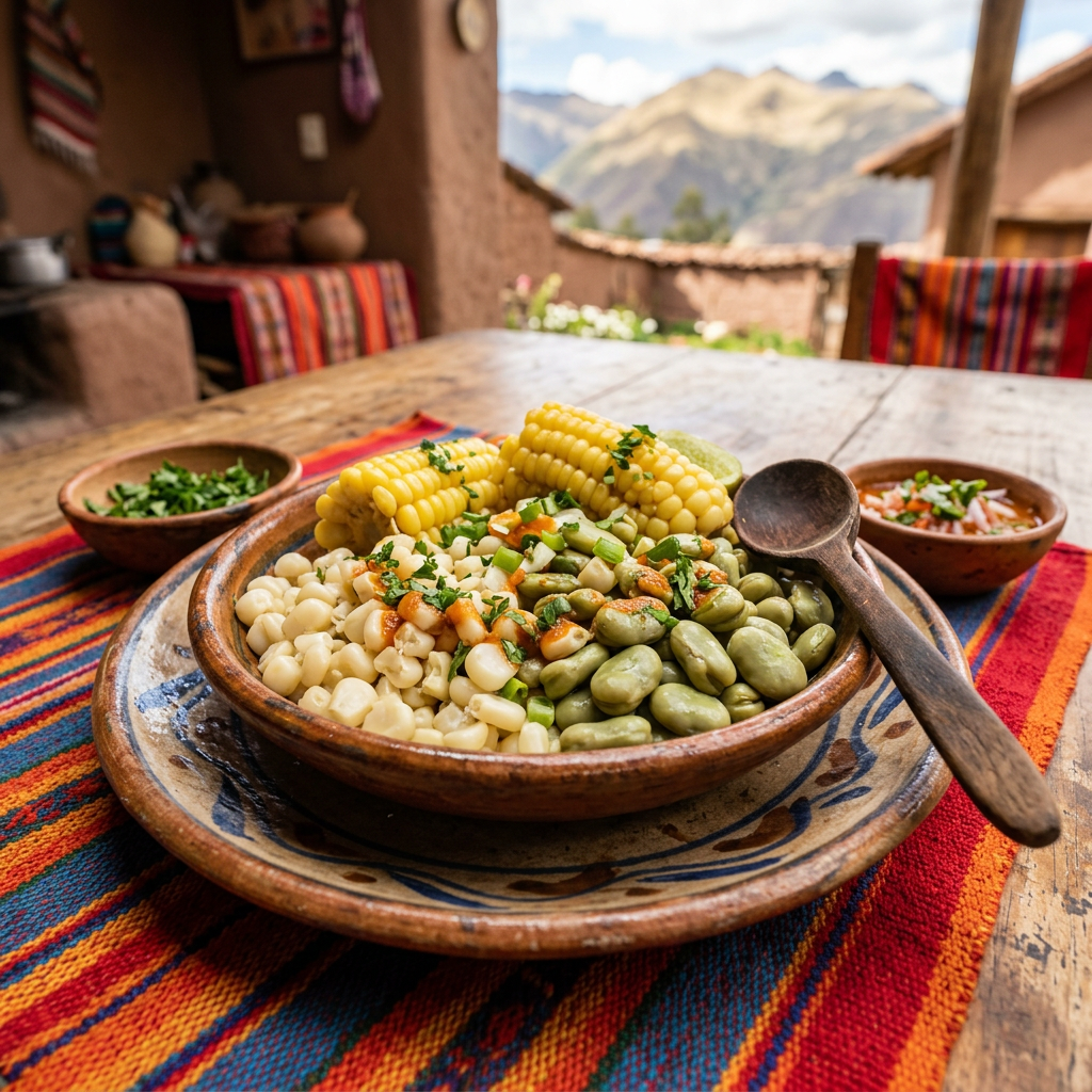 Imagen actual: Plate with corn, beans, and vegetables on a rustic table with colorful textile