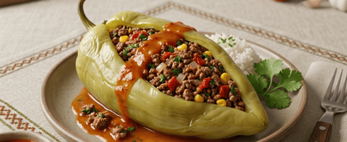 Green pepper stuffed with ground beef, corn, and diced vegetables topped with red sauce, served with white rice and cilantro on a plate