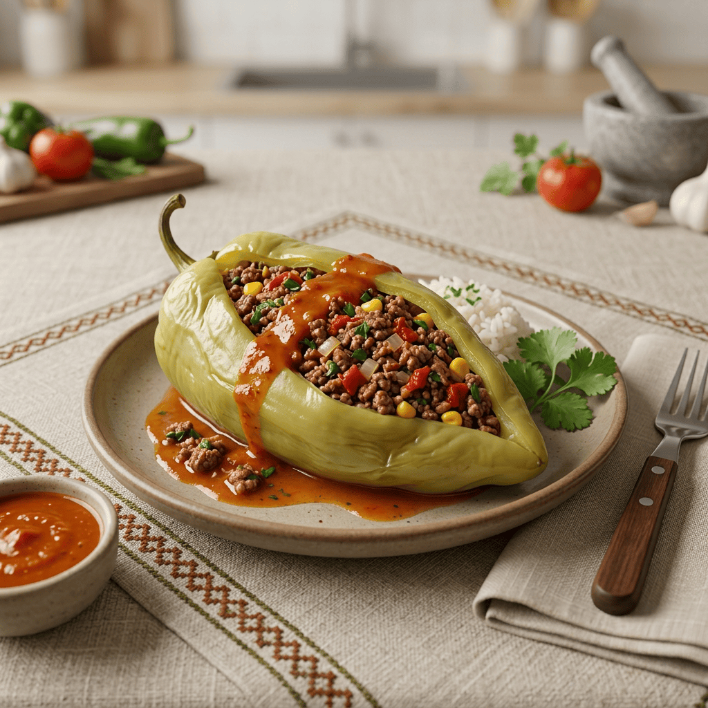 Imagen actual: Green pepper stuffed with ground beef, corn, and diced vegetables topped with red sauce, served with white rice and cilantro on a plate