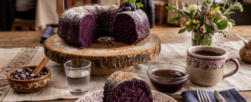 Slice of purple bundt cake on a decorative plate with coffee and juice